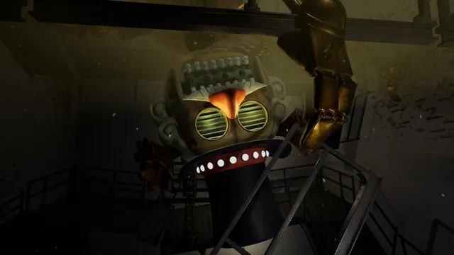 Secret of the Mimic screenshot: a top-hatted animatronic with green slatted eyes reaches out with a mechanical arm