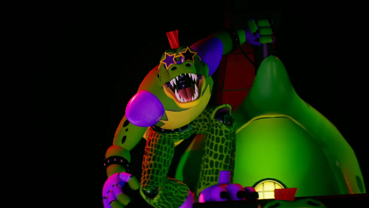Five Nights at Freddy's: Security Breach screenshot: Montgomery Gator in star-shaped glasses leans down with his jaws open under green light