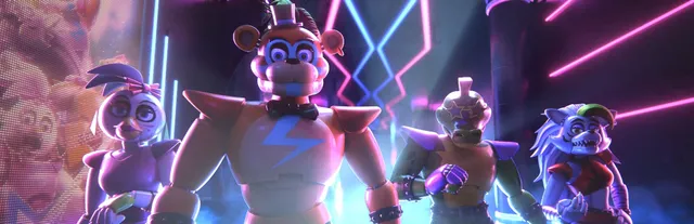Five Nights at Freddy's: Security Breach art: Glamrock Chica, Freddy, Montgomery Gator and Roxanne Wolf on a stage under pink and blue neon