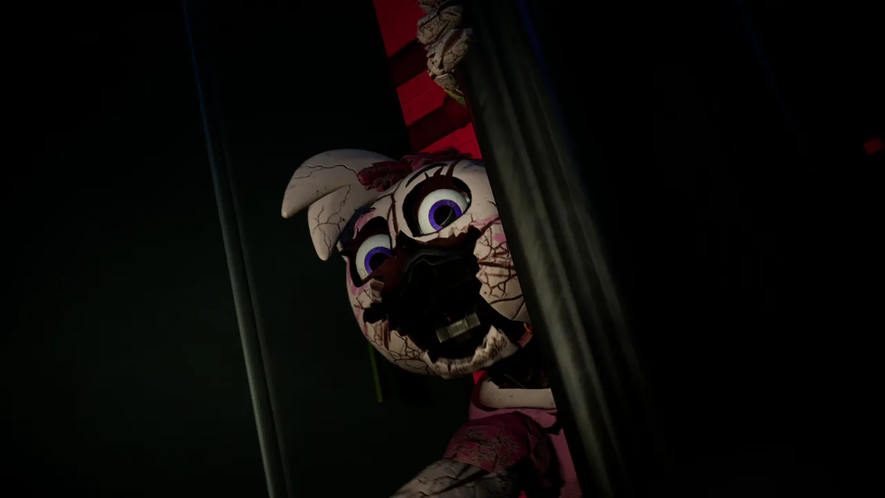 Five Nights at Freddy's: Security Breach screenshot: a damaged Glamrock Chica with a broken jaw peers around a curtain in the dark