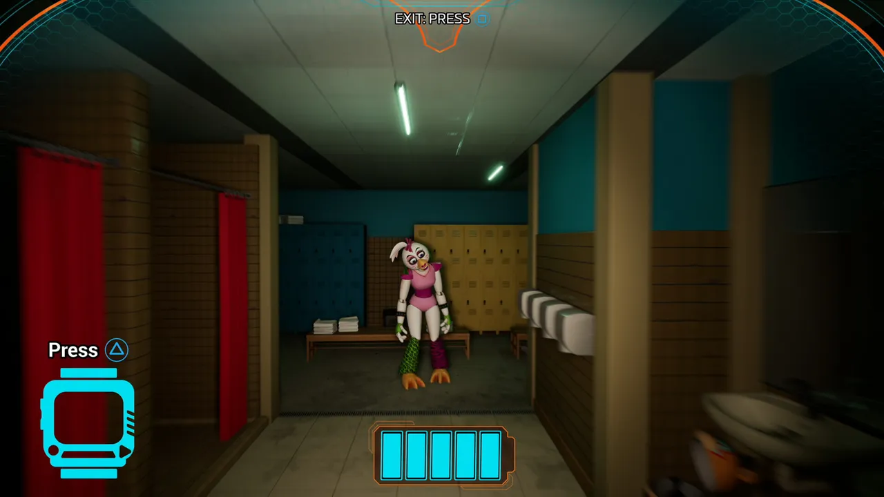 Five Nights at Freddy's: Security Breach screenshot: Glamrock Chica stands at the end of a locker room while the Faz-Watch and battery bar show on screen