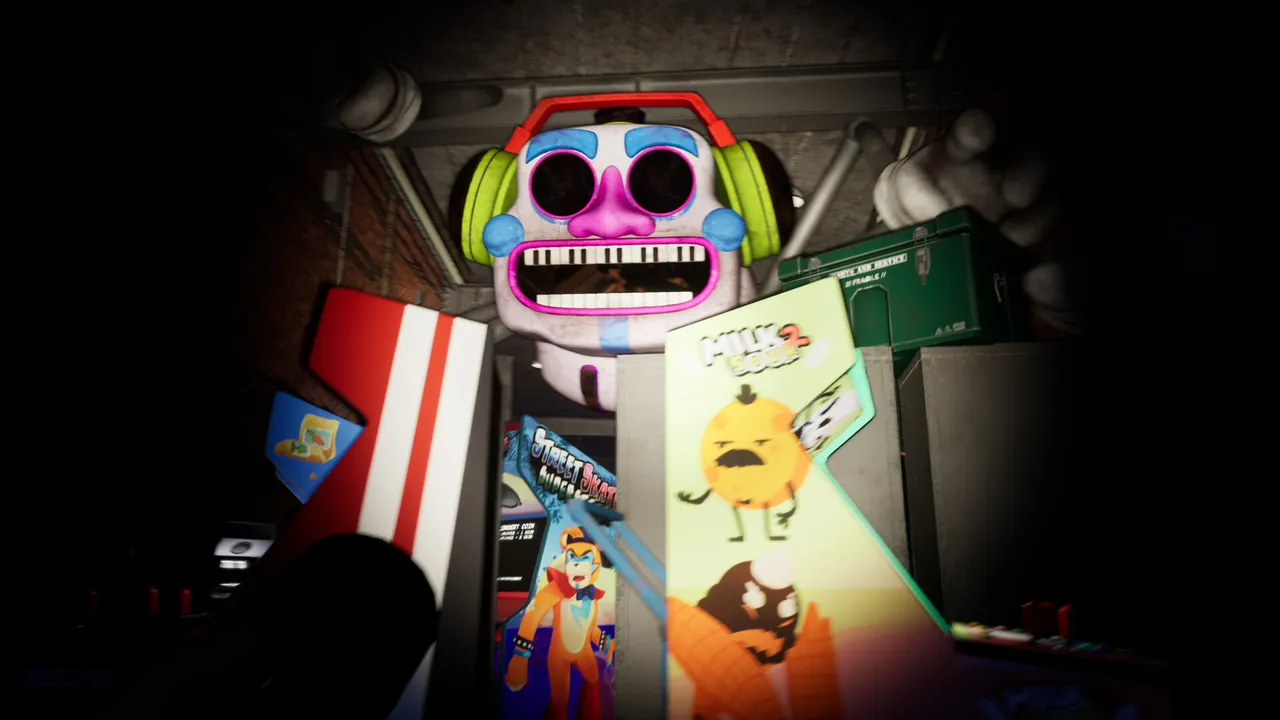 Five Nights at Freddy's: Security Breach screenshot: a huge clown-faced animatronic with headphones and piano-key teeth looms over cardboard signs