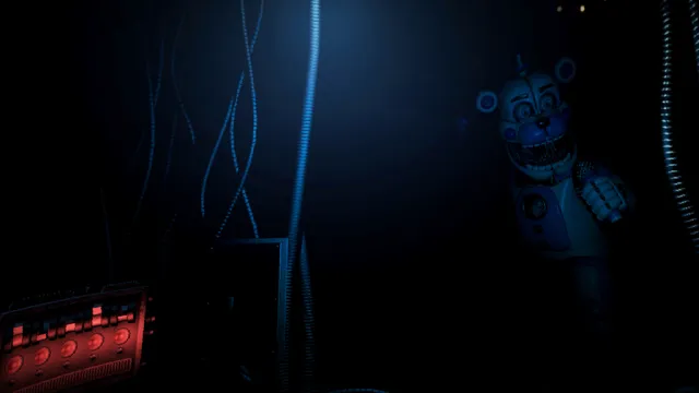Five Nights at Freddy's: Sister Location screenshot: a white animatronic bear grins out of deep blue darkness among hanging cables