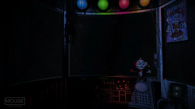 Five Nights at Freddy's: Sister Location screenshot: a dark control room with coloured lights, a control panel and a Celebrate poster