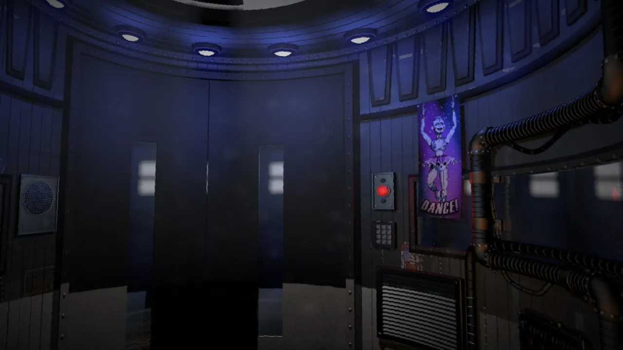 Five Nights at Freddy's: Sister Location screenshot: the closed doors of a dark metal elevator beside a Ballora Dance poster