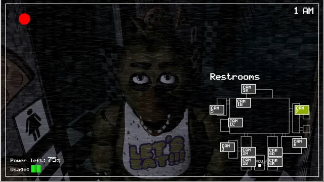 Five Nights at Freddy's: a grainy restroom camera at 1 AM showing Chica the animatronic chicken in a Let's Eat bib staring into the lens, with the camera map beside it