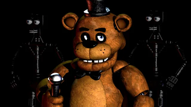 Five Nights at Freddy's: Freddy Fazbear, a brown animatronic bear in a top hat holding a microphone, stands in the dark with two bare robot endoskeletons behind him