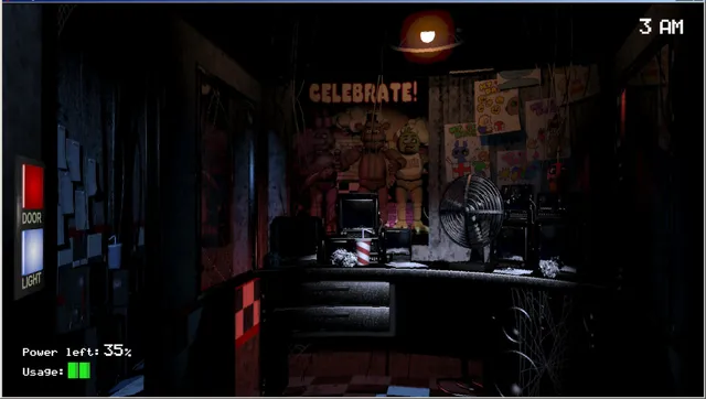 Five Nights at Freddy's: the dark security office at 3 AM with a desk fan, monitors, a Celebrate poster and the door and light buttons, 35 percent power left