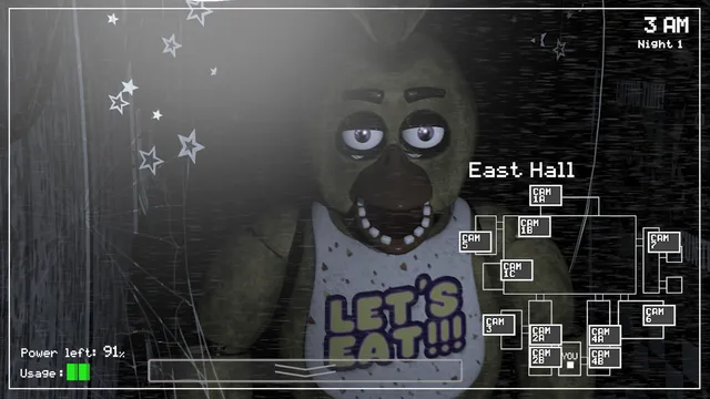 Five Nights at Freddy's: In Real Time screenshot: Chica in her Let's Eat bib close to the East Hall camera at 3 AM