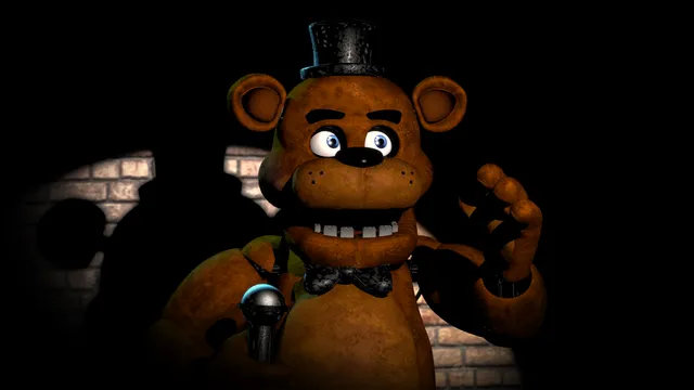 Five Nights at Freddy's: In Real Time still: Freddy Fazbear in his top hat holding a microphone against a brick wall