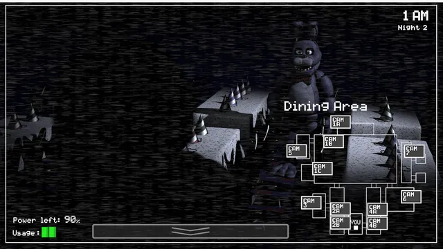 Five Nights at Freddy's: In Real Time screenshot: Bonnie standing among party tables in the Dining Area at 1 AM