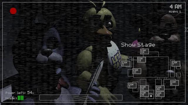 Five Nights at Freddy's: In Real Time screenshot: Bonnie and Chica on the dark Show Stage camera at 4 AM with the camera map