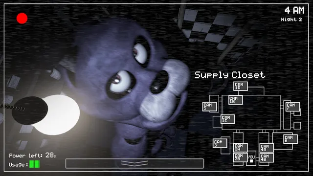 Five Nights at Freddy's: In Real Time screenshot: Bonnie leans right up to the Supply Closet camera at 4 AM on night 2, with power down to 28 percent
