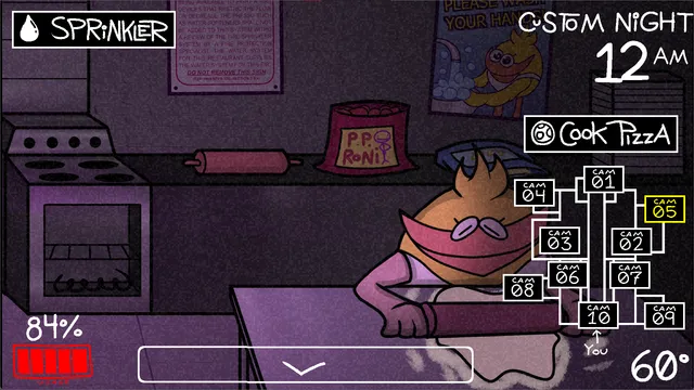 The kitchen camera with a masked orange bird animatronic, a pizza box and the Cook Pizza button
