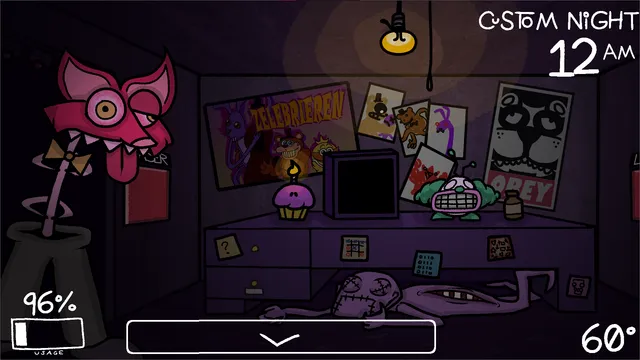 The purple office with a cupcake, posters and a tongue-lolling pink animatronic fox peeking in