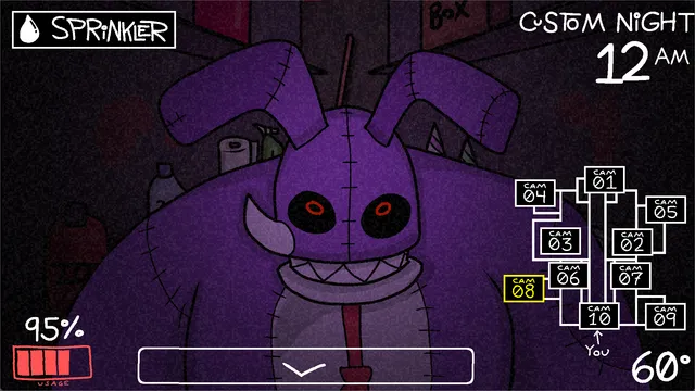 A camera view of a hulking purple rabbit animatronic with red eyes and fangs
