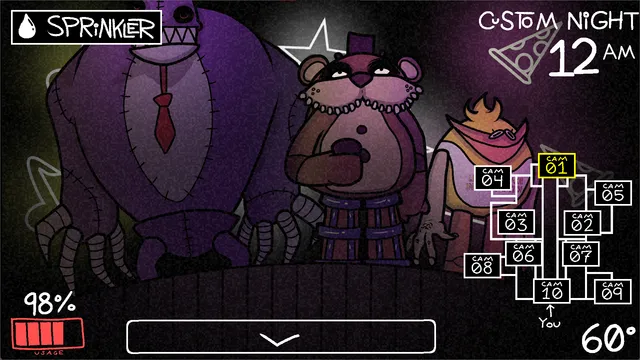 A camera view of the show stage at 12 AM: Friedrich with a microphone between a purple beast and an orange bird, with the camera map, power and temperature on screen