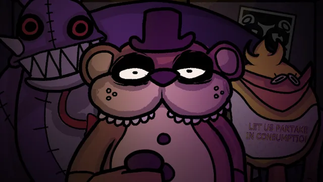 Five Nights at Friedrich's art: Friedrich, a top-hatted purple bear with heavy-lidded eyes, in front of a grinning animatronic