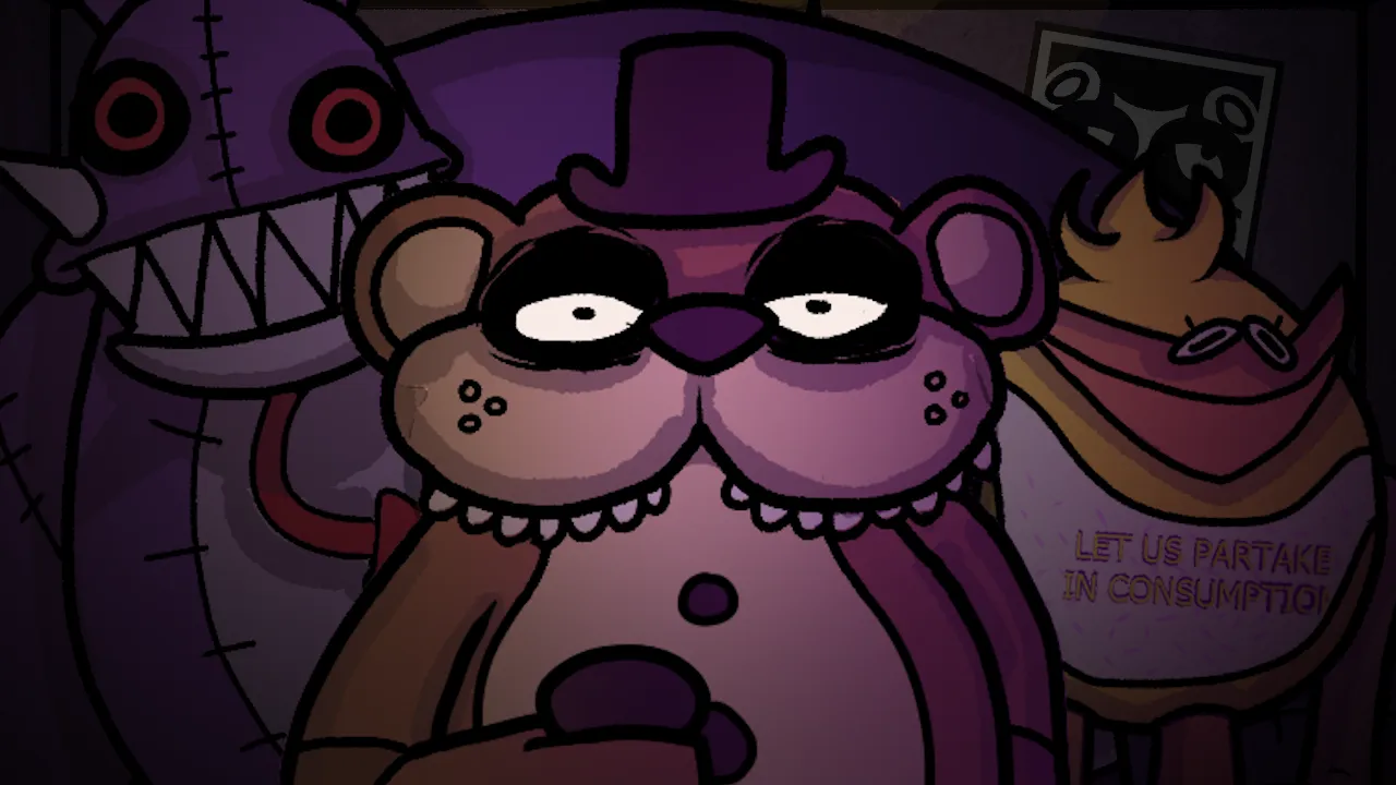 Five Nights at Friedrich's art: Friedrich, a top-hatted purple bear with heavy-lidded eyes, in front of a grinning animatronic