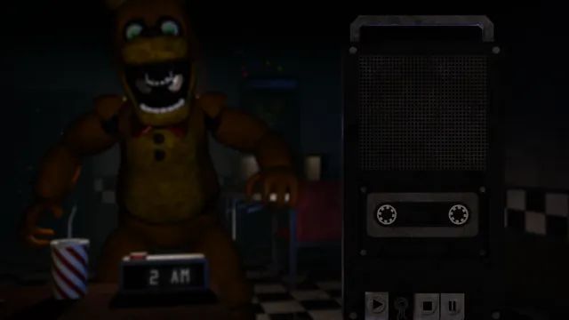 At 2 AM a green-eyed animatronic bear leans over the desk beside a cassette player