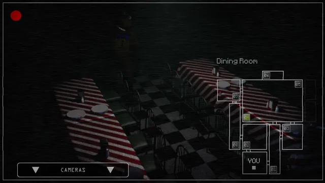 A camera view of the dining room with striped tablecloths and the diner's camera map