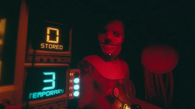 Stored and temporary point counters beside the machine as a grinning masked creature looms in the red dark
