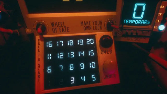 The gambling machine's board of numbers 1 to 20 with Over and Under buttons and a Wheel of Fate lever