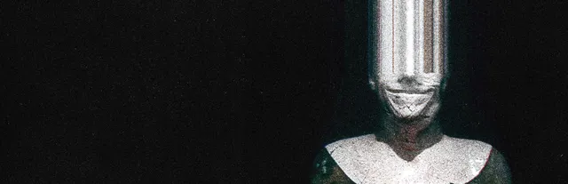 FLATHEAD key art: a grainy grinning figure in a white collar whose head is a blur of static