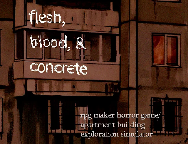 Flesh, Blood, & Concrete cover: the title scrawled in white over a dark red photo of a concrete apartment block with balconies and barred windows