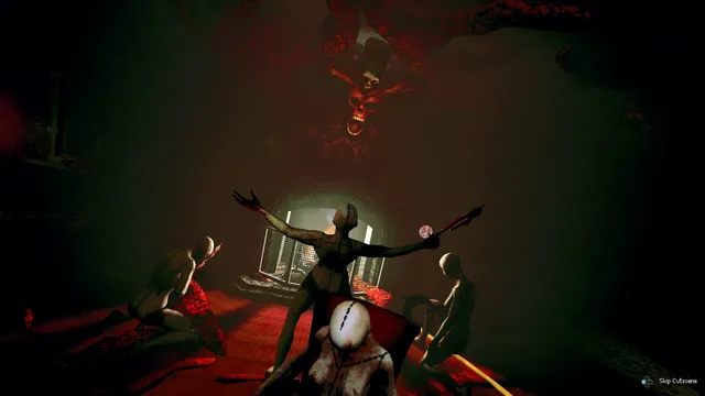 Flesh Made Fear screenshot: a pale figure with outstretched arms stands among kneeling bodies in a blood-lit ritual chamber