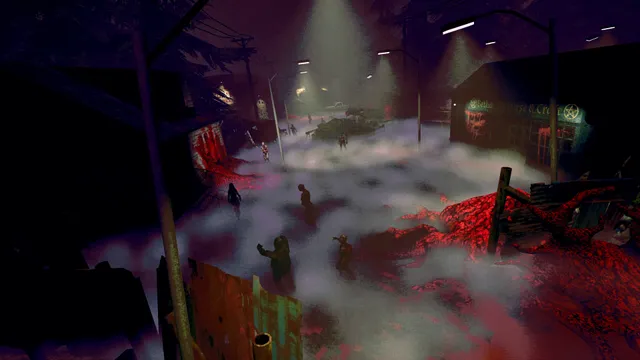 Flesh Made Fear screenshot: zombified figures shuffle through a foggy, blood-red street at night