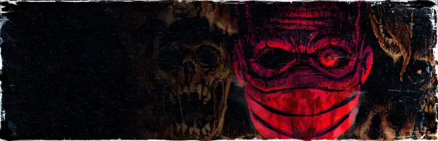 Flesh Made Fear key art: a red-tinted face in a surgical mask between rotting skulls and monsters