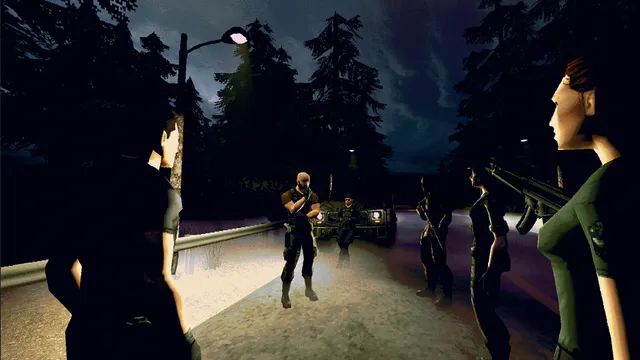 Flesh Made Fear screenshot: the R.I.P. squad gathers by their trucks on a dark forest road