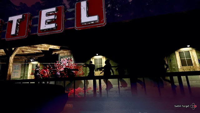 Flesh Made Fear screenshot: a gunfight on the balcony of a motel under a large red neon sign