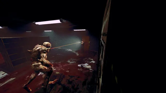 Flesh Made Fear screenshot: a fleshy monster lunges through a dark room as the player's laser sight cuts across it