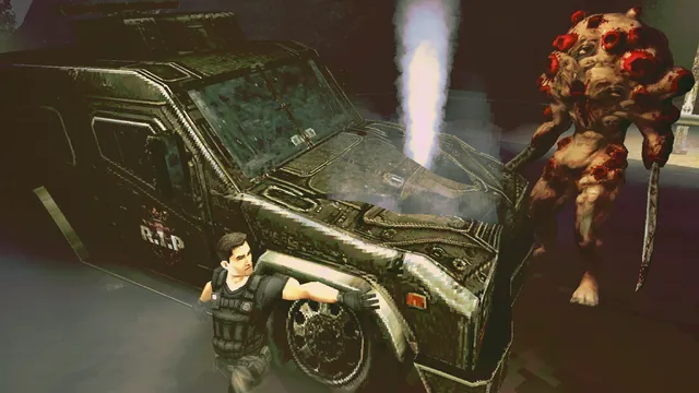 Flesh Made Fear screenshot: an R.I.P. operative crouches by an armoured truck as a mutated creature with a blade-arm looms beside it