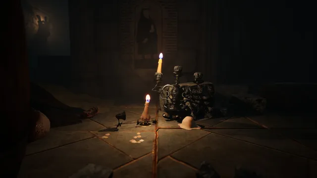 Flicker of Hope: the little candle Jean Wick beside a skull-covered candelabra on a cathedral floor, near a body