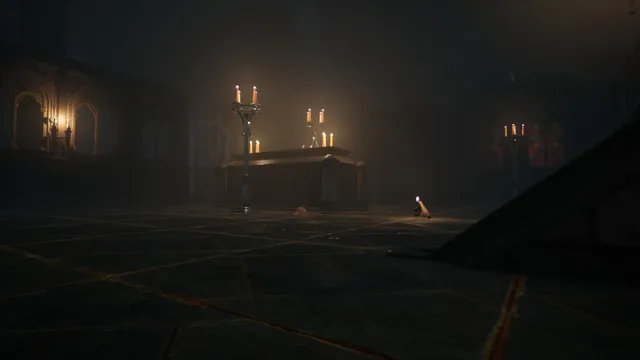 Flicker of Hope: a misty cathedral hall with candelabras on an altar and the small candle far off