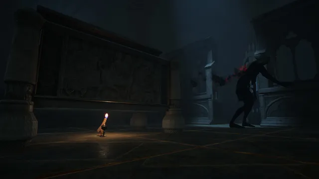 Flicker of Hope: the candle on a dark stone floor while a tall, thin figure bends over a carved altar
