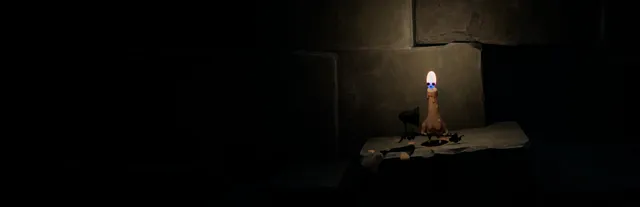 Flicker of Hope: the candle stands lit on a scrap of paper in a dark stone corner