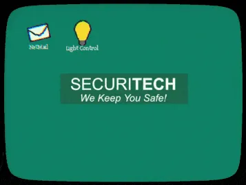 flies in a jar screenshot: a teal computer desktop with Mail and Light Control icons and a Securitech We Keep You Safe banner