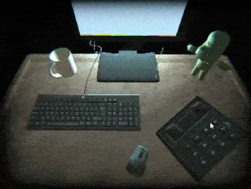 flies in a jar screenshot: a dim security desk seen from above with a keyboard, mug, keypad and a small figurine
