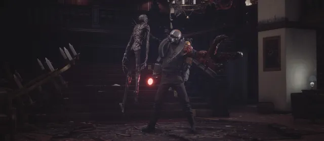Fobia - St. Dinfna Hotel screenshot: a figure in a gas mask and harness stands in a ruined hotel lobby beside a tall thin creature and a fleshy mass