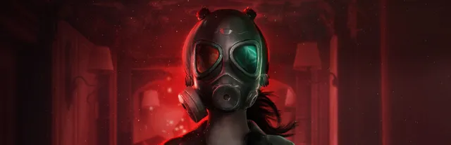 Fobia - St. Dinfna Hotel key art: a figure in a dark gas mask with one green lens stands in a red-lit hotel corridor