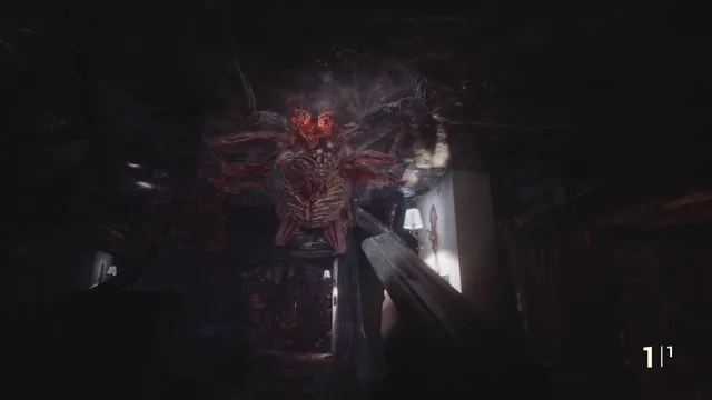 Fobia - St. Dinfna Hotel screenshot: a red many-limbed creature crawls along the ceiling of a dark hotel room as the player raises a weapon