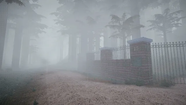 A dirt path past an iron gate leading into thick fog among the trees