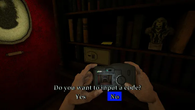 A camera held up to a safe on a bookshelf with a prompt asking whether to input a code