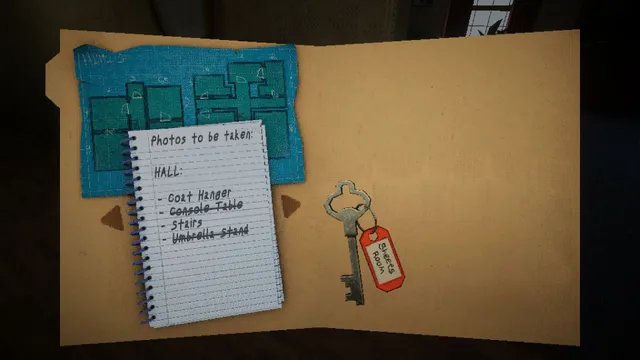 The job folder with a floor plan, a key and a checklist of photos to take in the hall