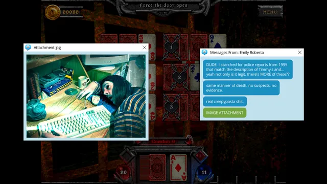 Forbidden Solitaire screenshot: a chat window about 1995 police reports and a picture of a dead player slumped at a keyboard, over the card table