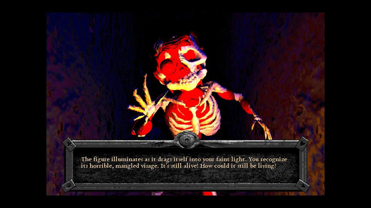 Forbidden Solitaire screenshot: a red, mangled skeletal figure drags itself into the light above a stone-framed text box